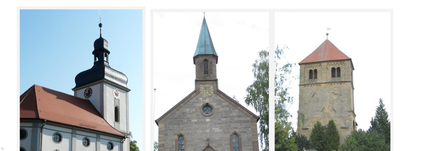 Collage der drei Kirchen, die zur Pfarrei Langensteinach gehören