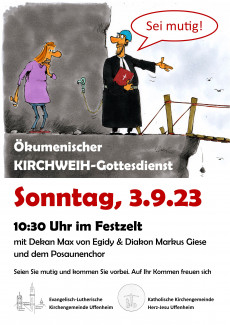 Plakat zum Ökumenischen Kirchweihgottesdienst am 3.9.2023 um 10:30 Uhr im Festzelt in Uffenheim