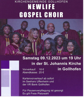 Plakat zeigt den Newlife Gospel Choir mit Termin des Konzertes in Gollhofen