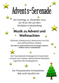 Adventsserenade am 10.12.2023 um 18 Uhr auf dem Dorfplatz Ermetzhofen mit Bewirtung und Basteleien