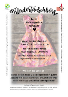 Kleidertauschbörse der Dekanatsfrauen am 5.4.25 von 14 bis 16.30 Uhr im Haus der Kirche in Uffenheim. 