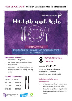 Ehrenamtliche Helfer für Wärmewinter Mittagstisch in Uffenheim gesucht, Teffen am 25.11.25 um 19 Uhr im Dekanat Uffenheim