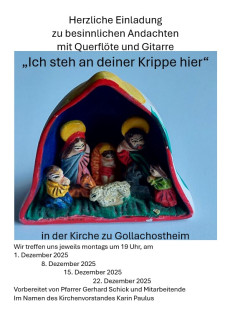 Vier besinnliche Adventsandachten in der Kirche in Gollachostheim, montags um 19:00 Uhr am 1., 8., 15. und 22.12.25