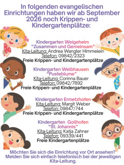 Freie Kindergartenplätze in vier unserer Einrichtungen im Dekanat Uffenheim ab Juni 2026