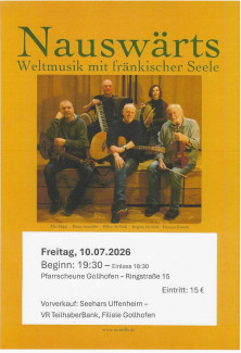 Konzert "Weltmusik mit fränkischer Seele" mit Nauswärts am 10.07.2026 um 19:30 Uhr in der Pfarrscheune Gollhofen