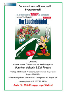 Asterix-Lesung auf Fränkisch am 18.9.26 um 19:00 Uhr in der Pfarrscheune Gollhofen