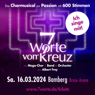 pink-lila Hintergrund mit der Aufforderung "Ich singe mit" beim Chormusical 7 Worte vom Kreuz am 16.3.24 in Bamberg