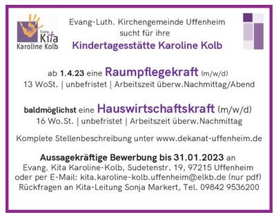 Zwei Stellen im Bereich Raumpflege und Hauswirtschaft sind zu besetzen