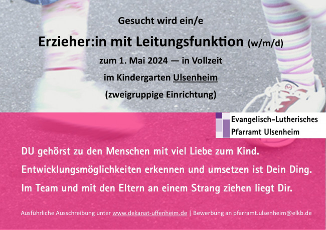 Anzeige Suche Erzieher:in mit Leitungsfunktion im Kindergarten Ulsenheim