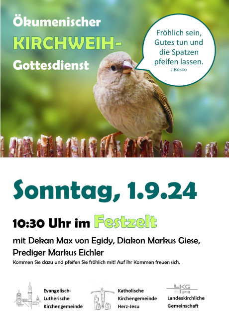 Ein pfeifender Spatz zeigt das Motto des ökumenischen Kirchweihgottesdienstes an