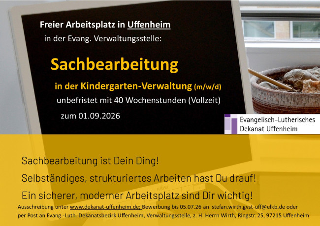 Offene Stelle in der Kindergartenverwaltung der Verwaltungsstelle Uffenheim ab 1.9.26 in Vollzeit