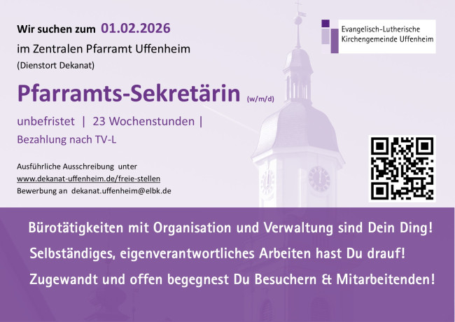 Pfarramtssekretärin im Zentralen Pfarramt Uffenheim ab 01.02.2026 für 23 Wochenstunden