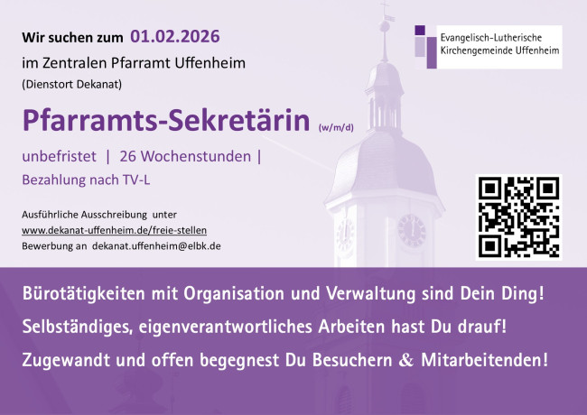 Stellenausschreibung Pfarramtssekretärin (m/w/d) ab 1.2.26 für 29 Wochenstunden in Uffenheim