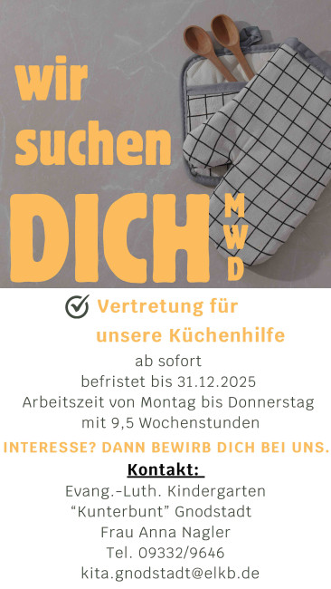 Hauswirtschaftskraft für denKindergarten Gnodstadt - befristet bis Dezember 2025