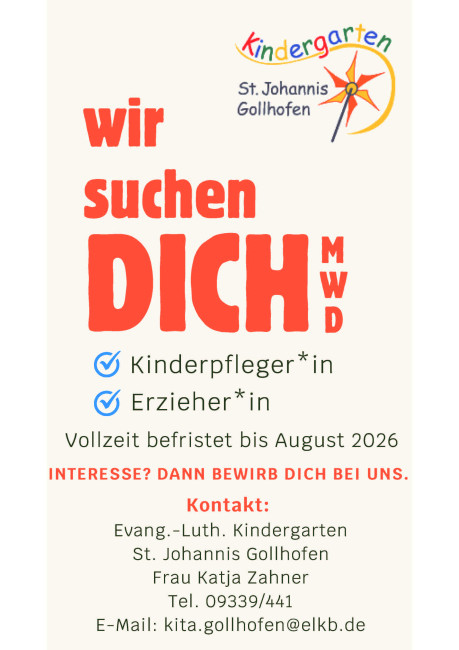 Stellenanzeige Kinderpfleger und Erzieher im Kindergarten Gollhofen