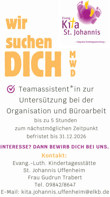 Stellenauschreibung für Teamassistenz im Kindergarten St. Johannis Uffenheim für 5 Wochenstunden