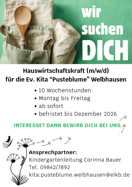 Hauswirtschaftskraft für die KiTa Welbhausen mit 10 Wochenstunden befristet bis Dezember 2026 gesucht