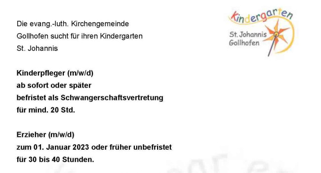 Erzieher und Kinderpfleger KiGa Gollhofen gesucht
