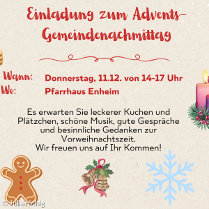 Adventsgemeindenachmittag im Pfarrhaus in Enheim am 11.12.25 um 14 Uhr